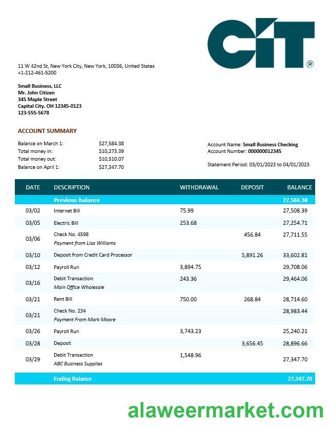 CIT Bank business checking account statement Word and PDF template
